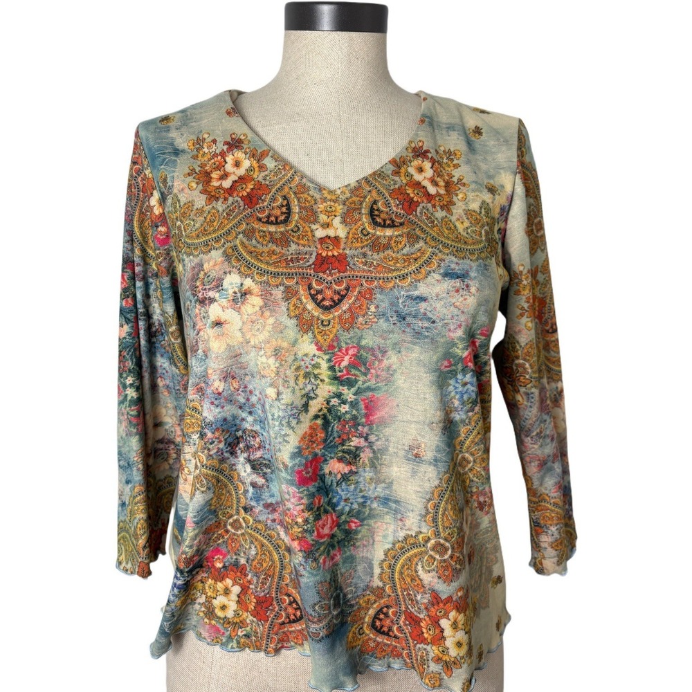 VTG DB Sport Boho Paisley Artsy Floral Blouse 3/4 Sleeve Women's M Hippie